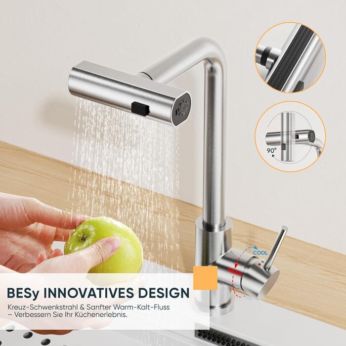 Кухонний змішувач BESy з 3 режимами струменя, висувна лійка, водоспад, поворотний на 360°, з нержавіючої сталі SUS304, для кухні