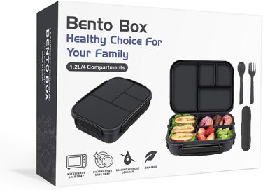 Ланчбокс для дітей та дорослих з 4 відділеннями, 1200 мл, з посудом, BPA-Free, миється в посудомийній машині, для мікрохвильовки (темно-сірий)