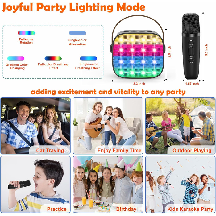 Дитяча караоке-машина з 2 мікрофонами, Bluetooth, світлові ефекти, для дівчаток та хлопчиків 3-12 років