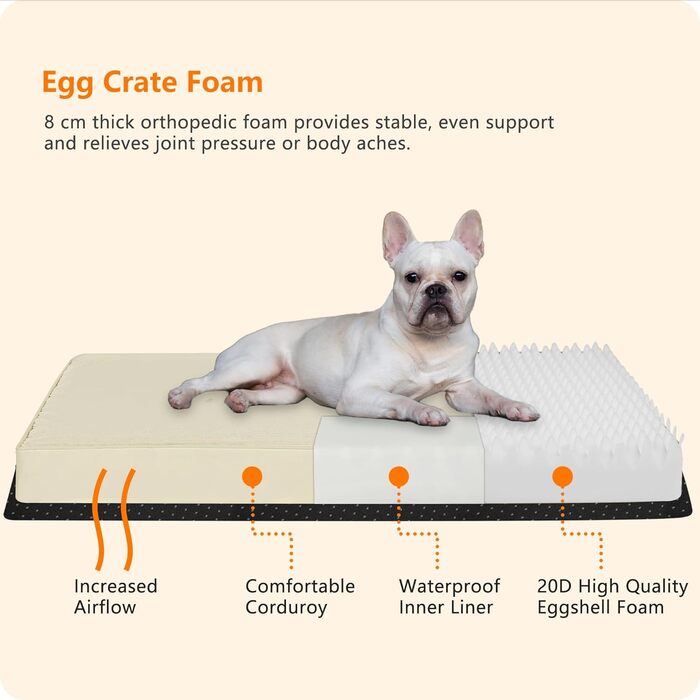 Ортопедичне ліжко для собак, 10 см товщина, для середніх та великих собак, знімний та пральний килимок, неслизьке дно, водонепроникне внутрішнє покриття, 112 см, оливковий колір (L 76 x B 51 x H 8 см, бежевий)