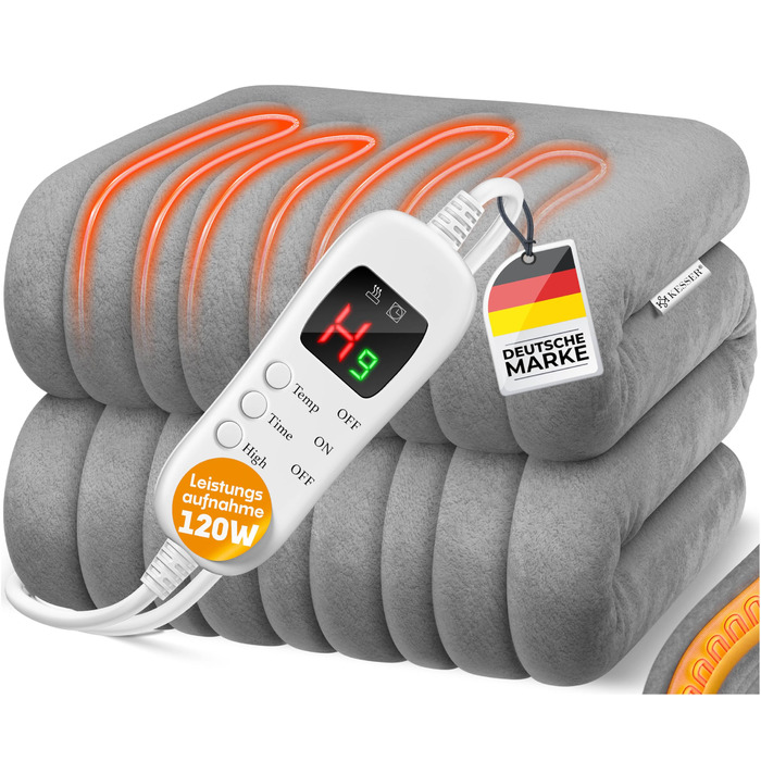 Електрична грілка KESSER® з плюшу 180x130 см сірого кольору | з таймером та автовимкненням | тепла та затишна ковдра | 9 температурних режимів | прання до 40°C | цифровий дисплей