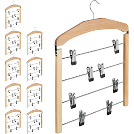 Relaxdays 10 x Rockbügel multi-clamp, trouser hanger wood, 360° rotatable hook, clothes hanger non-slip, HBT 45,5x39x2,5cm, Silver/Natural