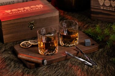 Whiskey Stones Gift Set for Men - 8 Whiskey Scotch Bourbon Chilling Stones, 2 Whiskey Glasses in Wooden Box - Christmas/Father's Day/Birthday/Gift for Dad Papa Friend