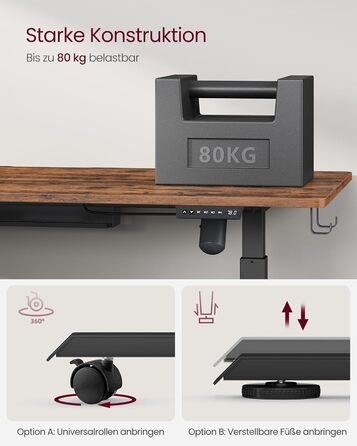 VASAGLE Electric Height Adjustable Desk, 60 x 120 x (72-120) cm, Memory Function, Wood & Steel Frame, Vintage Brown