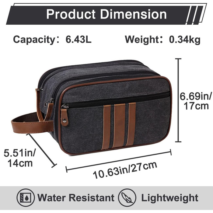 KASGO Toiletry Bag for Men and Women - Large Travel Toiletry Bag, Water-Resistant Cosmetic Bag with 3 Compartments and Leather Holder, for Bathroom, Gym, and Travel, Dark Grey
