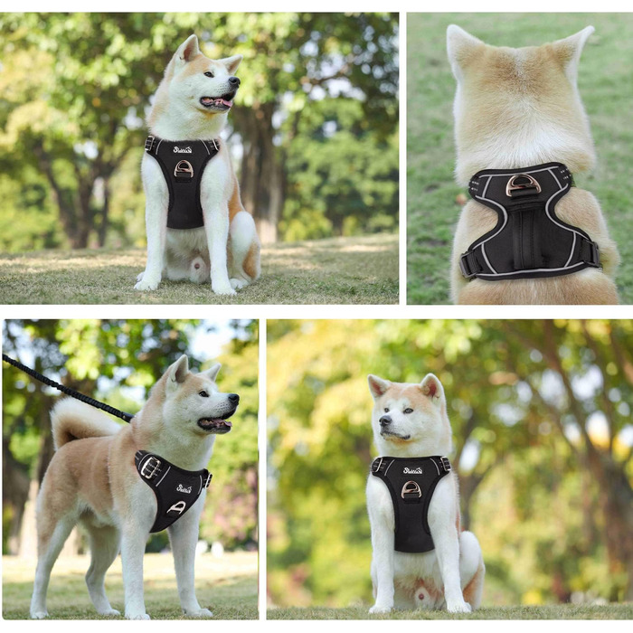 Шлейка для собак великих порід, анти-тяга, з 2 карабінами та зручною ручкою, регульована та світловідбиваюча, з м'якою підкладкою, для щоденних тренувань (Чорний, L) Розмір L (Окружність шиї: 42-60 см, Окружність грудей: 47-86 см) Чорний