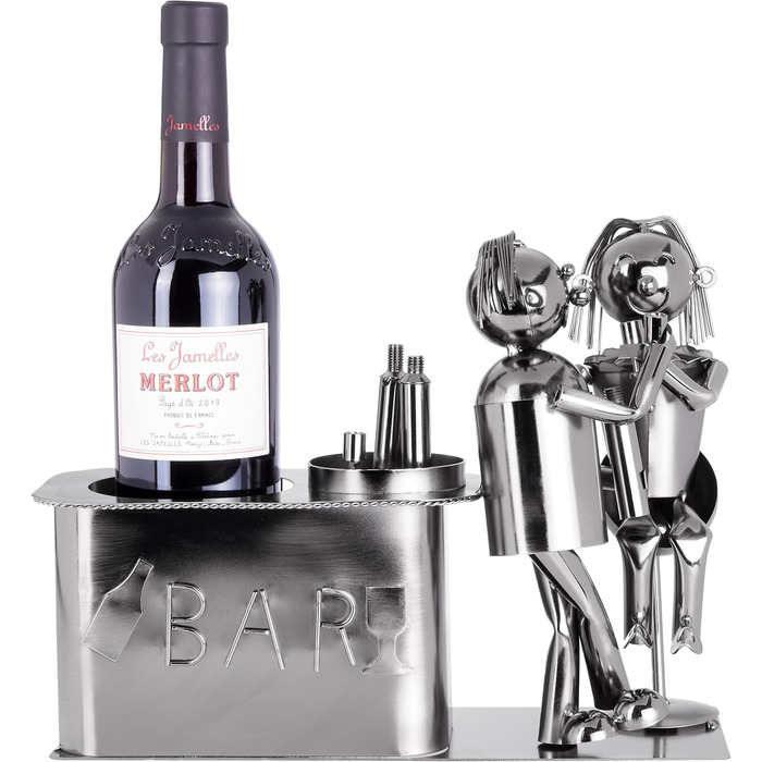BRUBAKER Wine Bottle Holder Loving Couple at the Bar Decorative Object Metal Couple Gift Bottle Stand with Greeting Card