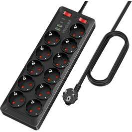 Многорозетка з USB, 11 розеток, з вимикачем, 2 USB-A та 2 USB-C порти, 4000W, 16A, 2M кабель, для дому, школи, офісу - Чорний