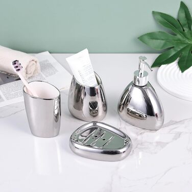 XYQXYQ Elegant 4-Piece Galvanized Ceramic Bathroom Set, featuring a lotion dispenser, mouth rinse cup, soap dish, and toothbrush holder, modern bathroom decoration set (white) (silver)