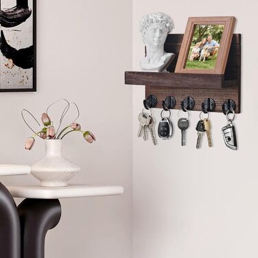 Дерев'яне настінне кріплення для ключів з полицею, декоративне, 5 гачків, для прихожої, спальні, вітальні (колір: коричневий)