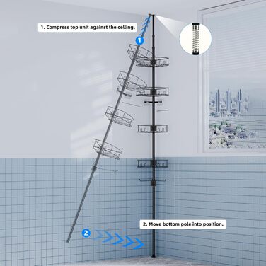 Bomclap Telescopic Shower Shelf with 4 Baskets and 1 Towel Holder, Shower Shelf No Drilling Required, Height Adjustable 149-276cm for Shower and Bathtub, Black