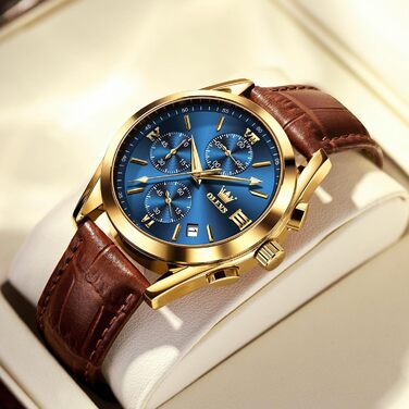 Чоловічий годинник OLEVS Vintage з шкіряним ремінцем, велике циферблат, водостійкий, аналоговий годинник з датою (2872, блакитний циферблат/коричневий ремінець)
