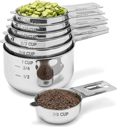 304 Stainless Steel Measuring Cup Set, 7-Piece, Stackable, with 1/8 Cup, 2 Tablespoons (Diverter Nozzle Model)