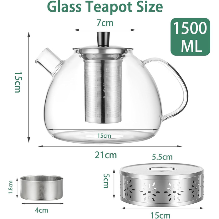 Скляна чайник HEMOLY 1,5 л з ситечком та підставкою для чаю