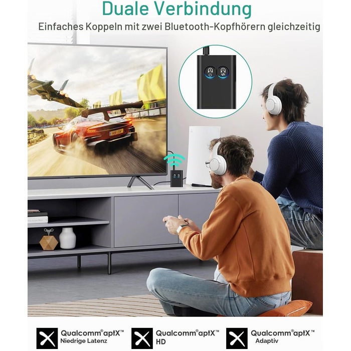 Bluetooth адаптер ORIA 2-в-1 (Трансмітер та Ресивер) 5.2 з AptX Adaptive, аудіоадаптер 3.5 мм для двох навушників, стереосистем та літаків, чорний