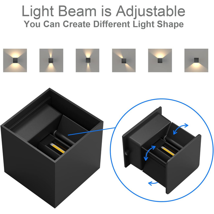 Klighten LED вуличне освітлення 2 шт. 7W, настінний світильник з регульованим світловим променем, тепле біле світло 3000K, IP65, вологозахист, чорний