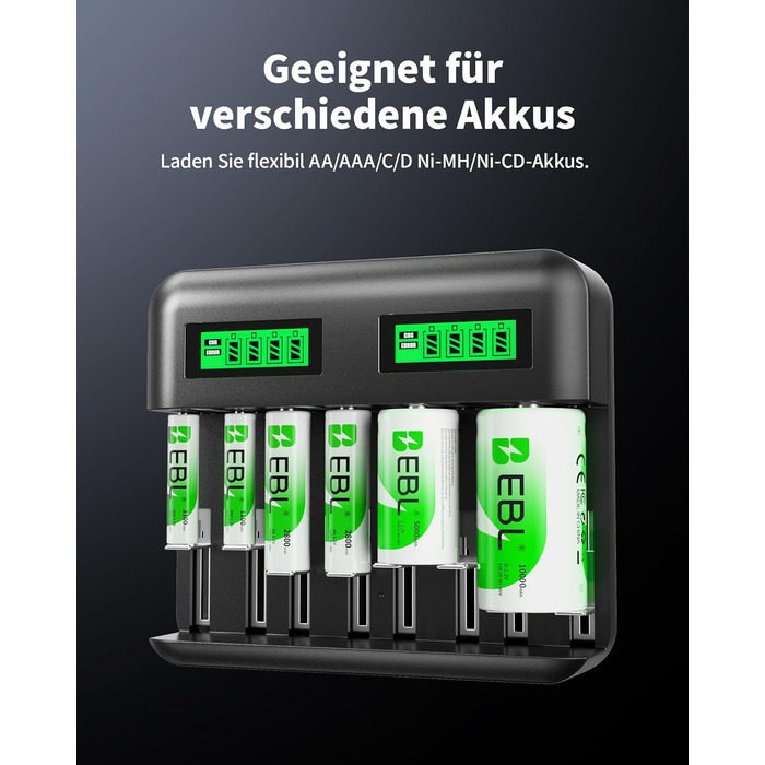Зарядний пристрій EBL для акумуляторів AA AAA C D NI-MH, Type-C, LCD дисплей, швидка зарядка