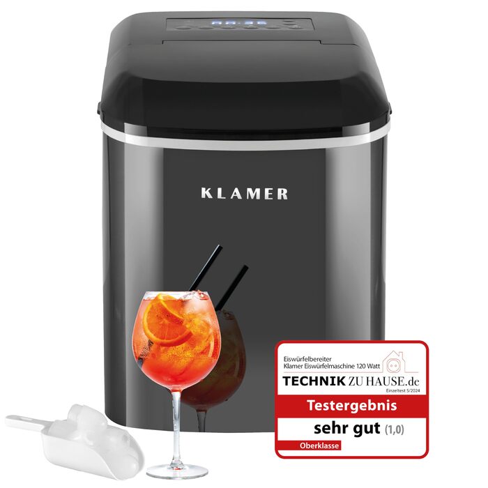 Машина для приготування льоду KLAMER, 2.1 л, чорна: тиха, з таймером, 15 кг/день, 2 розміри кубиків льоду