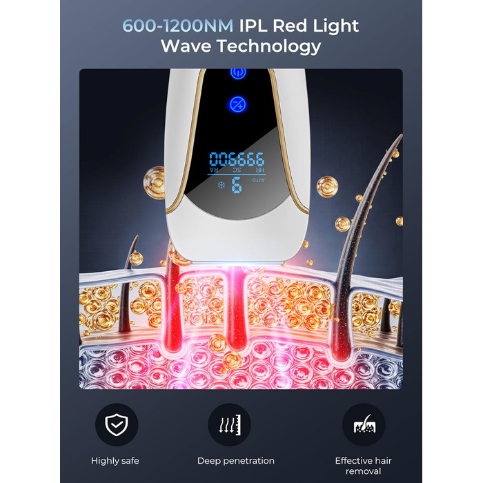 Пристрій для епіляції IPL Laser - безболісна епіляція з охолодженням, 3 функції, 9 рівнів, 600 нм, для жінок та чоловіків, для тіла, бікіні, ніг, пахв, білий