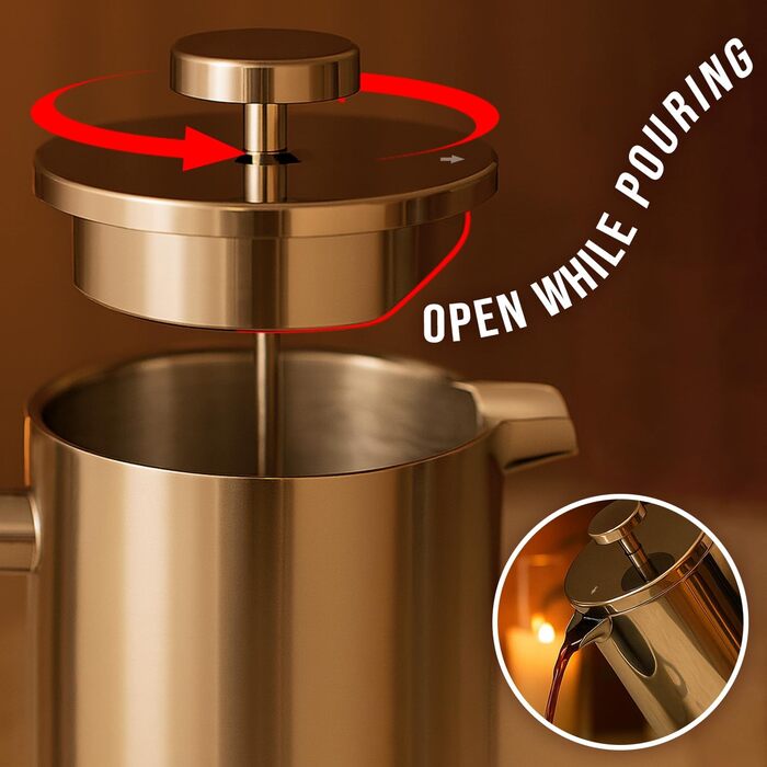 French Press Red Ember 1L з нержавіючої сталі - кавомашина з подвійними стінками, ізольована, нержавіюча, з 3-шаровим фільтром для насиченого смаку, ідеальна для дому та кемпінгу