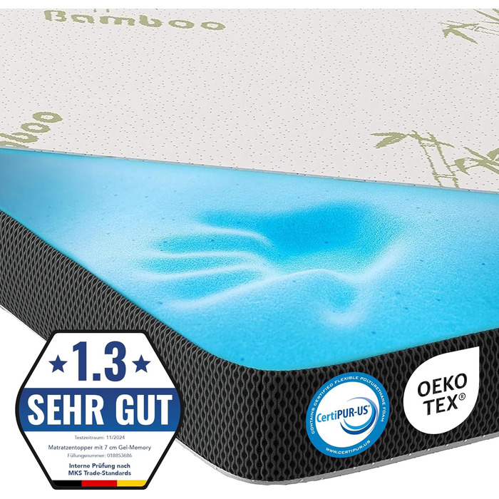 MKS.® Gel Topper 120x200 cm, H3 Mattress Topper with 7 cm Gel Memory Foam, ComfortKissen Mattress Cover with 3D Airflow, Viscoelastic Mattress Toppers with Removable Bamboo Cover