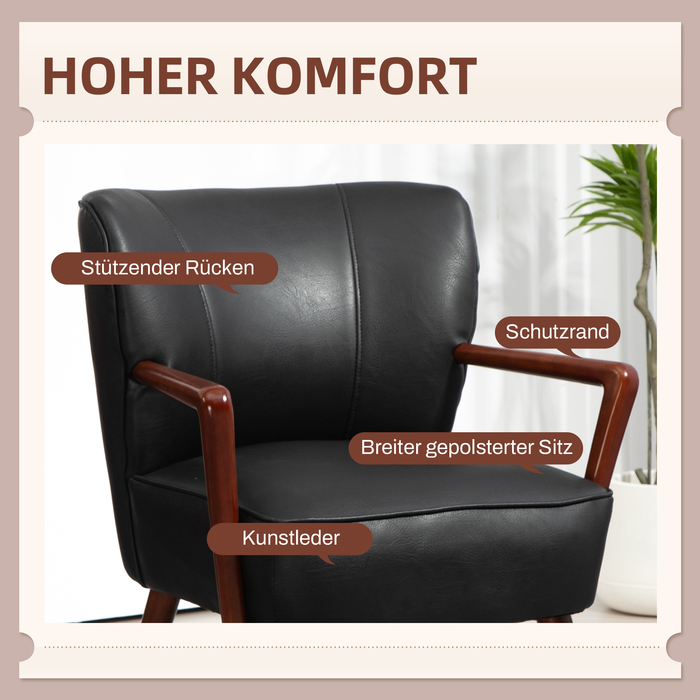 HOMCOM Upholstered Armchair Lounge Chair with Wooden Legs, Faux Leather, Stylish Accent Chair for Living Room & Bedroom