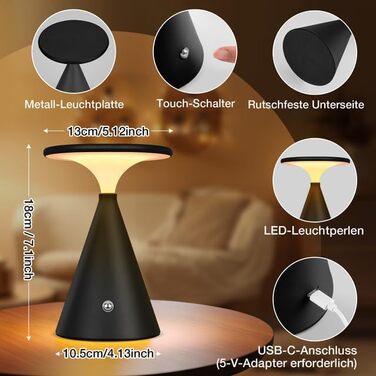 Світлодіодна настільна лампа бездротова LED акумуляторна, димуєма, 4000mAh, для приміщення та вулиці, сенсорна, 3 кольори, регульована яскравість, стильна (1 шт., чорна)