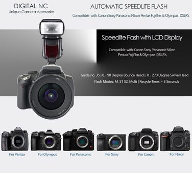 Цифровий спала́х Speedlite з LCD-дисплеєм, сумісний з камерами Nikon, Canon, Sony, Panasonic, Leica, Fujifilm, Pentax та Olympus
