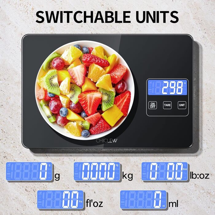 Електронна кухонна вага CHICLEW 15 кг з LCD дисплеєм, 5 одиниць вимірювання, скло, чорний