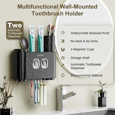 WREWING Toothbrush Holder, multifunctional, wall-mounted, automatic toothpaste dispenser & dust-proof toothbrush holder with 5 brush slots, 4 cups, 2 automatic toothpaste dispensers, 1