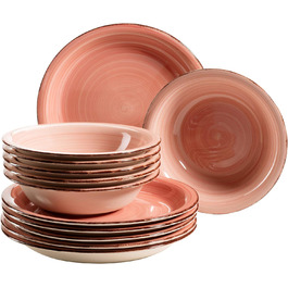 MÄSER 931495 Bel Tempo II, 12-piece tableware set for 6 people with a modern vintage look, hand-painted, pink, stoneware.