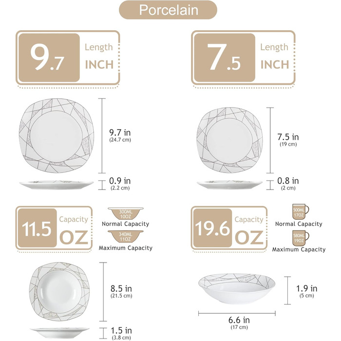 VEWEET Сервіз столовий 'Serena' з порцеляни, 24 частини | Сервіз включає миски, тарілки для десерту, обідні та супові тарілки | Для 6 осіб, ресторану, сім'ї (білий, 48-частинний сервіз)
