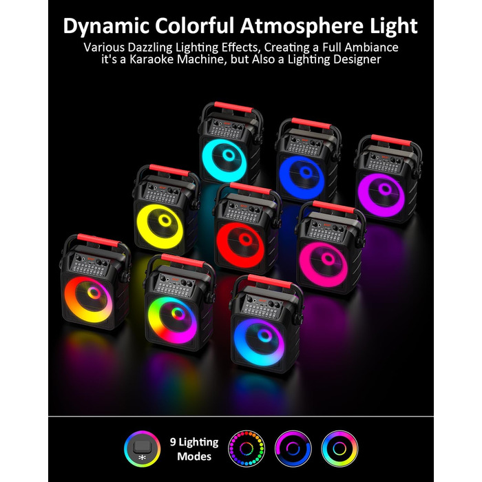 Портативна караоке-машина з 2 мікрофонами та LED-підсвіткою, Bluetooth, AUX, USB, TF, TWS, для вечірок та подарунків (дорослим та дітям)
