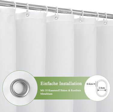 Шторка для душу AooHome 180x200 см, текстиль, градієнт кольору, водонепроникна, антигрибкова, з кільцями (білий/чорний), 1 шт.