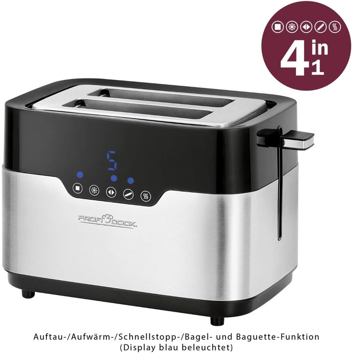 Тостер ProfiCook PC-TA 1250/1170 Inox: 2 слоти, нержавіюча сталь, 850 Вт, 7 рівнів підсмажування, знімний піднос для бургерів