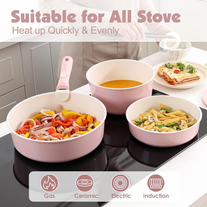 Набір каструль SENSARTE з керамічним покриттям, 17 предметів, рожевий, антипригарне, для всіх плит, безпечне, сумісне з духовкою