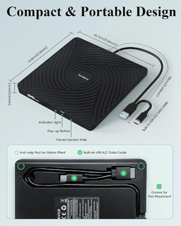 Зовнішній DVD-накопичувач PeroBuno USB 3.0 Type-C, CD ROM +/-RW оптичний привід, ультратонкий DVD-записувач та плеєр для ноутбука, PC, MacBook (Windows, Linux, macOS)