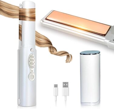 Бездротовий випрямляч для волосся з акумулятором 5000mAh, титанове покриття, 2 в 1 (випрямляч та локони), міні, для подорожей, 3 температурні режими, швидкий нагрів, для всіх типів волосся (білий)