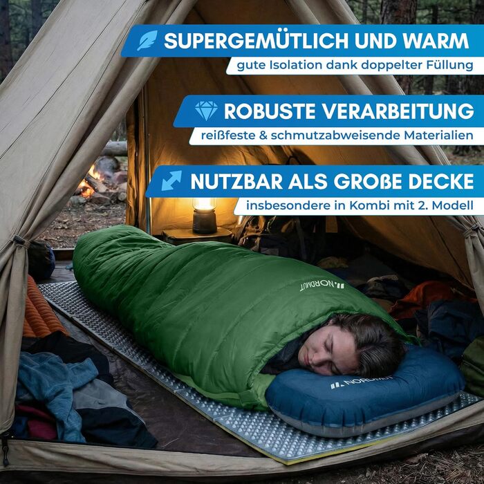 Спальний мішок-ковдра NORDMUT для дорослих, ultralight 1600г, 3-сезонний (250 GSM) з двосторонньою блискавкою YKK для кемпінгу, фестивалів та outdoor (лісовий зелений)