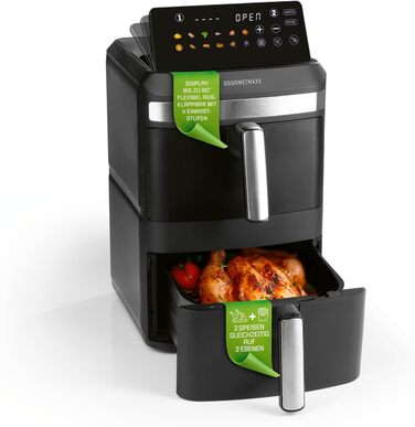 Фритюрниця повітряна GOURMETmaxx 4.5L з цифровим дисплеєм, 1400W, автоматичне вимкнення, захист від перегріву, миється у посудомийній машині, чорний (2x6L)