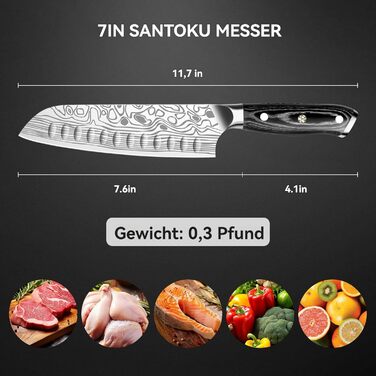 Ніж Santoku Cutiore 7 дюймів: професійний кухонний ніж з нержавіючої сталі EN.4116, з захистом пальців та точилкою в подарунковій коробці