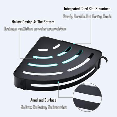 Поличка для душу без свердління, кутова поличка для ванної кімнати з алюмінію Space, трикутна корзина для душу з гачками, органайзер для шампуню, антикорозійна (2 шт., піскоструминне золото) (матова чорна)