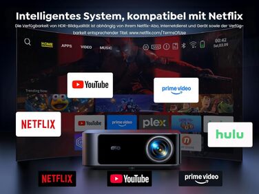 Смарт-проектор Toptro 4K Home Cinema, 1500 ANSI люмен, Full HD 1080p, Netflix, Dolby Audio, двосторонній Bluetooth, WiFi, AI-автофокус та корекція трапеції, для дому та вулиці, чорний