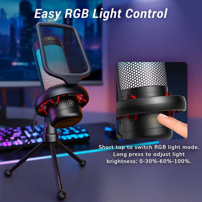 USB Мікрофон TONOR TC310 для Комп'ютера, PS4/5: Конденсаторний мікрофон для Стрімінгу з RGB підсвіткою та тримачем