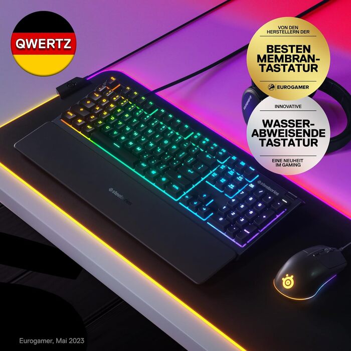 Клавіатура SteelSeries Apex 3 - ігрова з RGB-підсвічуванням та магнітною підставкою для зап'ястя - QWERTZ