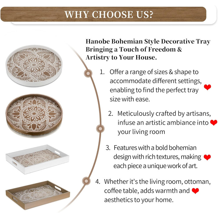 Hanobe Rectangular Wooden Tray Decor Serving Tray: Boho Decor Tray Flowers Wood Tray with Handle White Small Candle Trays Farmhouse Candle Tray for Coffee Table Tealight Kitchen Table