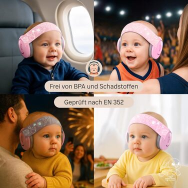 Навушники для захисту вух дитини 3-6 років. Комфортні, сертифіковані CE. Захист від шуму для концертів, подорожей та повсякденного використання. Без тиску на велике джерельце. Білі/Рожеві.