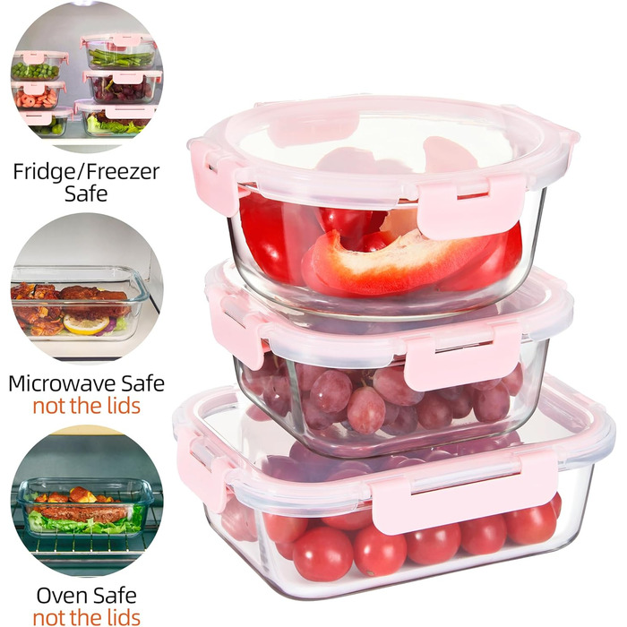 Набір контейнерів для їжі Glas Meal Prep, 12 штук, рожевий, для зберігання та обіду, миється в посудомийній машині