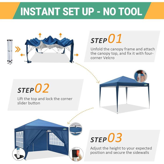 COBIZI Pavilion 3x3, Folding Pavilion 3x3 Waterproof Stable Winterproof | 8x Pegs | 4x Wind Rope | UV Protection 50+ | High-Density Tarpaulin | Pop-up Pavilion Folding 3x3m Tent 3x3 Party Tent (Blue)