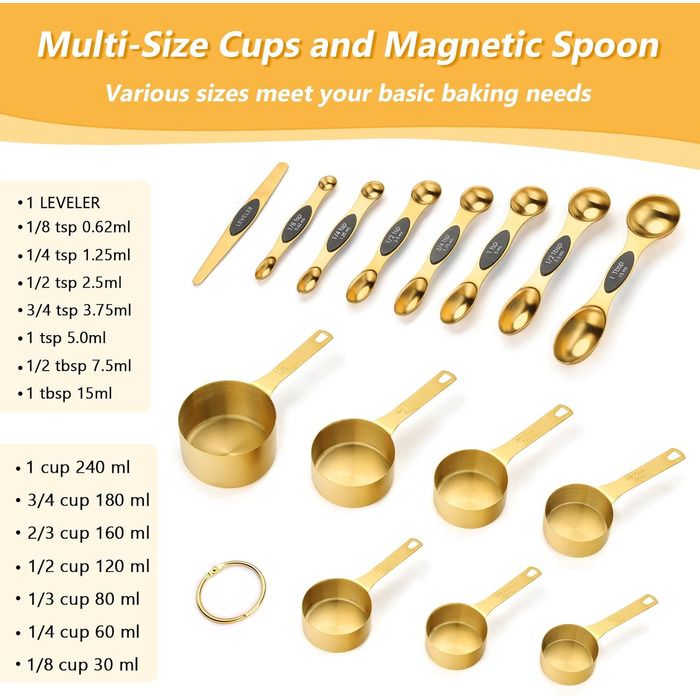 Stainless Steel Measuring Cups and Spoons Set, 15 Piece, 7 Magnetic Measuring Spoons, 7 Stainless Steel Measuring Cups, 1 Level, For Dry and Liquid Ingredients, For Baking and Cooking